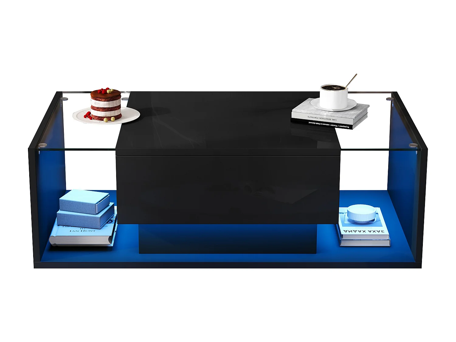 Hochglanz-Couchtisch 100x50x31 cm - 1 Schublade - mit LED-Beleuchtung - Sicherheitsglas - Schwarz