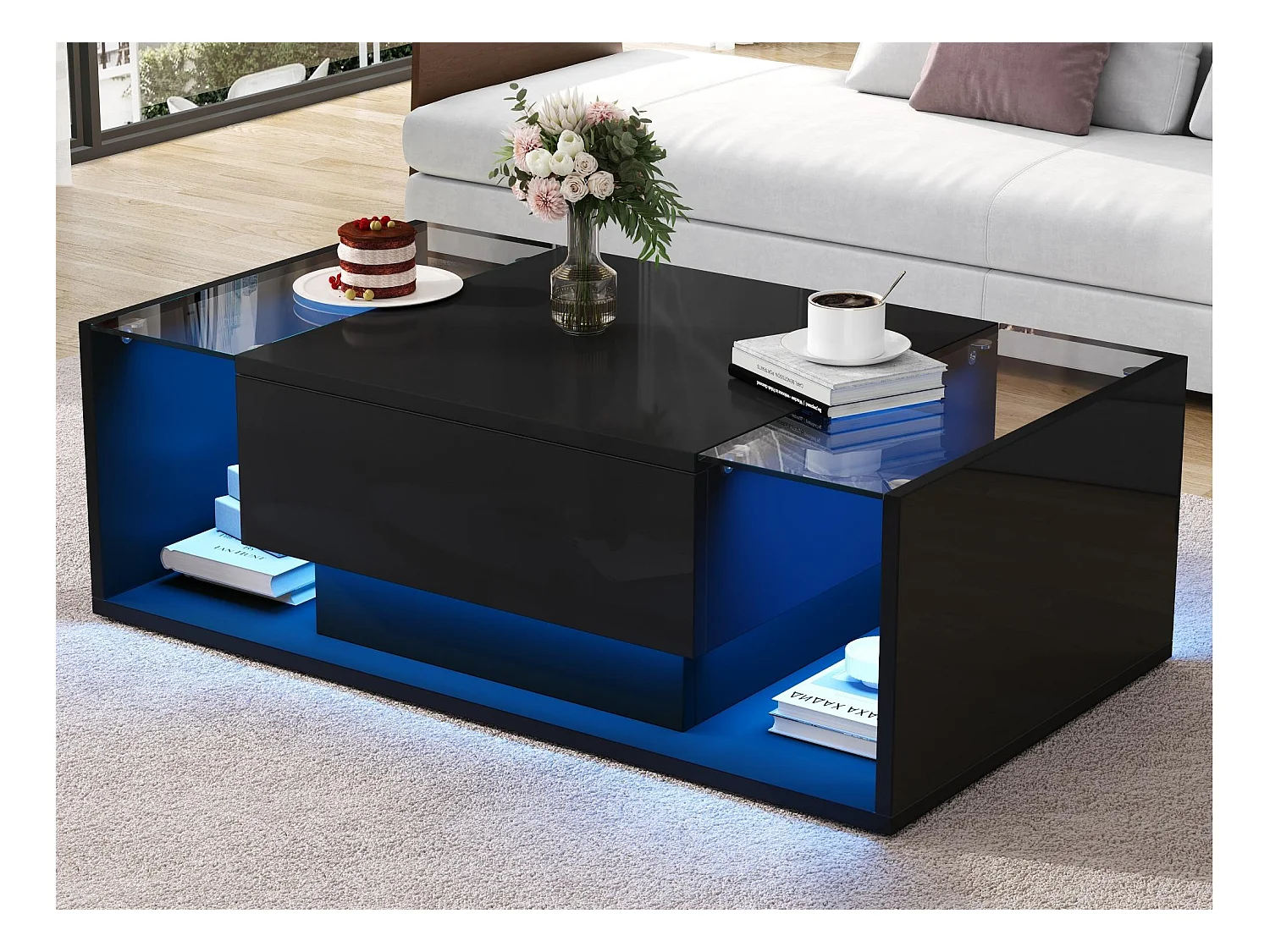 Table basse haute brillance 100x50x31 cm - 1 tiroir - Avec éclairage LED - Verre trempé - Noir