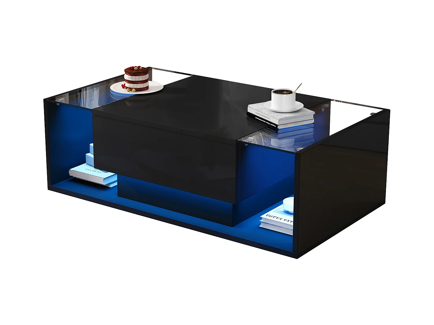 Table basse haute brillance 100x50x31 cm - 1 tiroir - Avec éclairage LED - Verre trempé - Noir