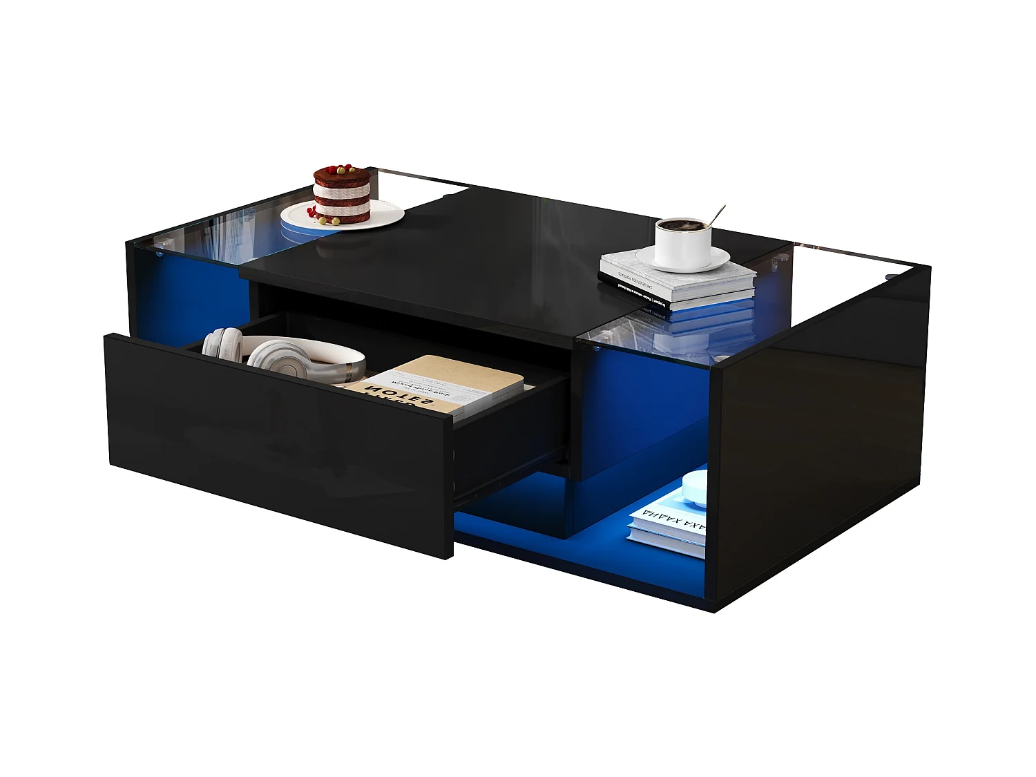 Table basse haute brillance 100x50x31 cm - 1 tiroir - Avec éclairage LED - Verre trempé - Noir