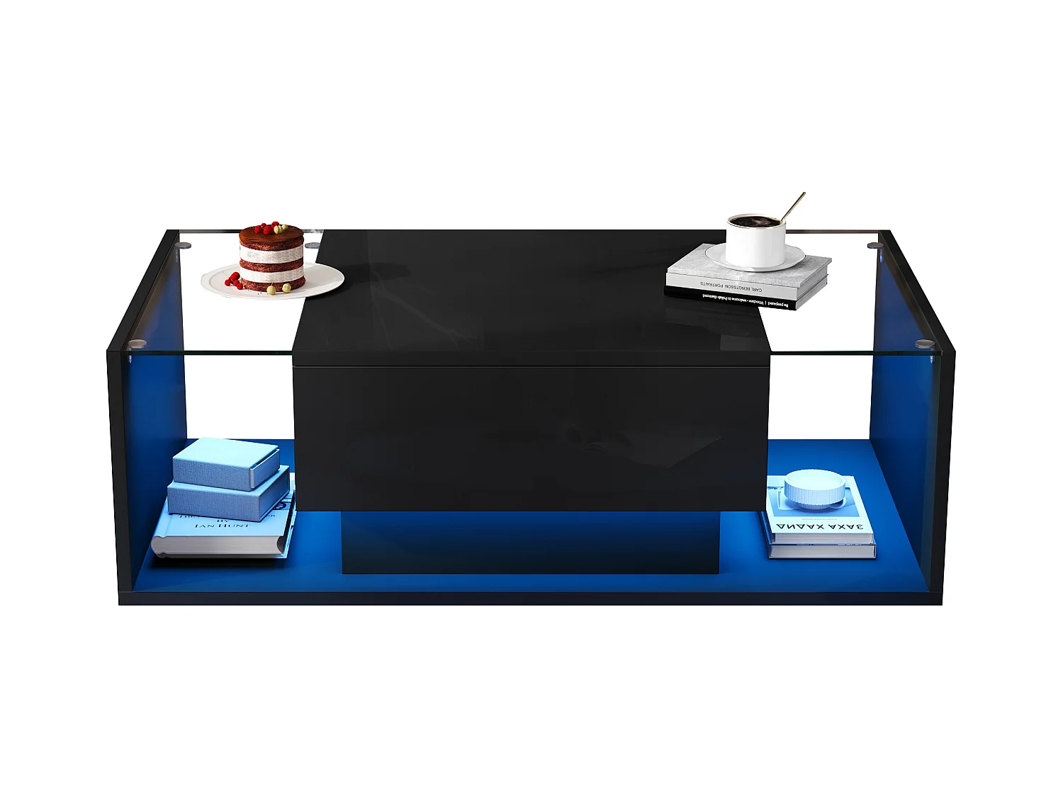Table basse haute brillance 100x50x31 cm - 1 tiroir - Avec éclairage LED - Verre trempé - Noir