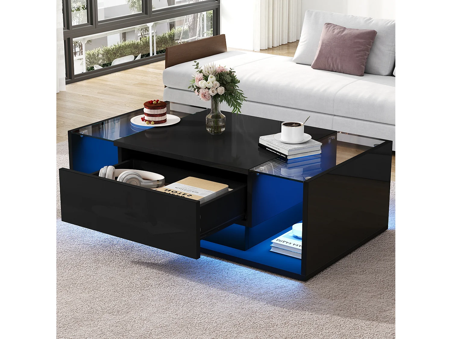 Table basse haute brillance 100x50x31 cm - 1 tiroir - Avec éclairage LED - Verre trempé - Noir