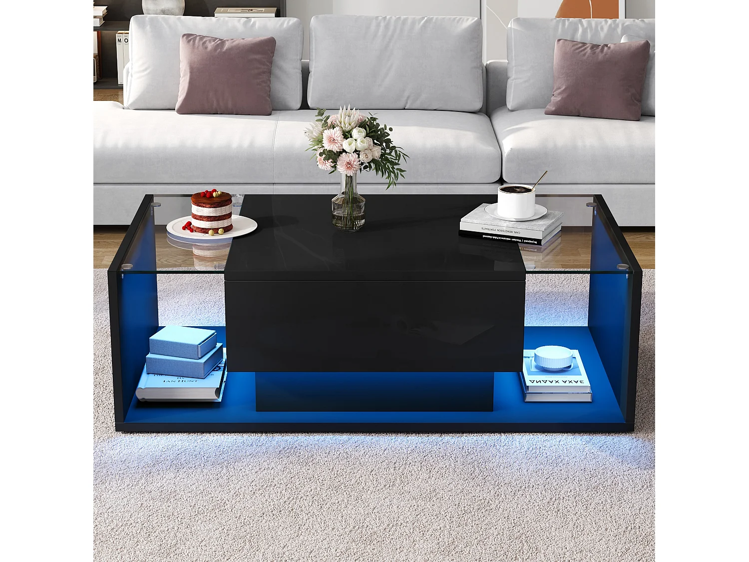 Table basse haute brillance 100x50x31 cm - 1 tiroir - Avec éclairage LED - Verre trempé - Noir