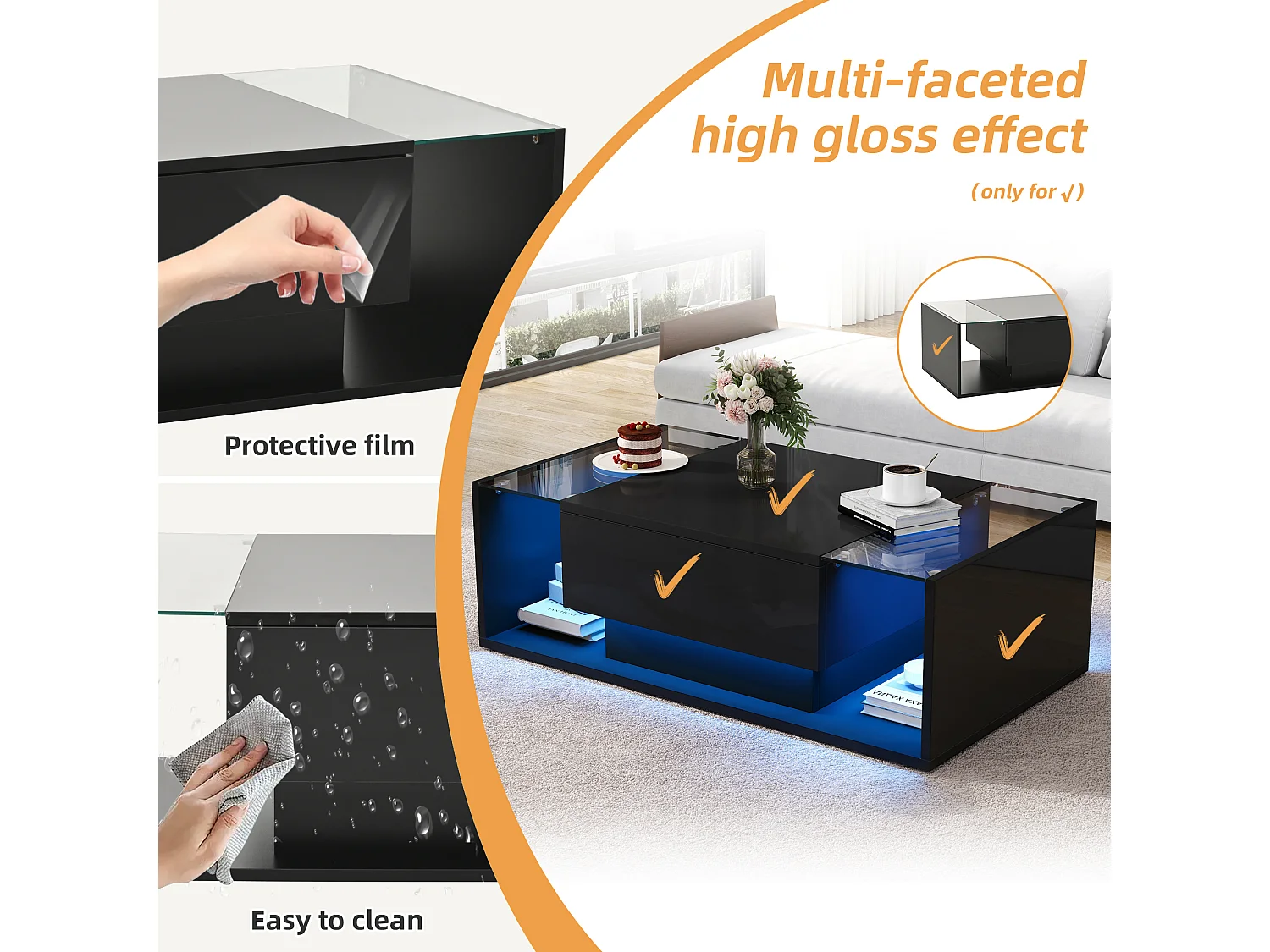 Table basse haute brillance 100x50x31 cm - 1 tiroir - Avec éclairage LED - Verre trempé - Noir