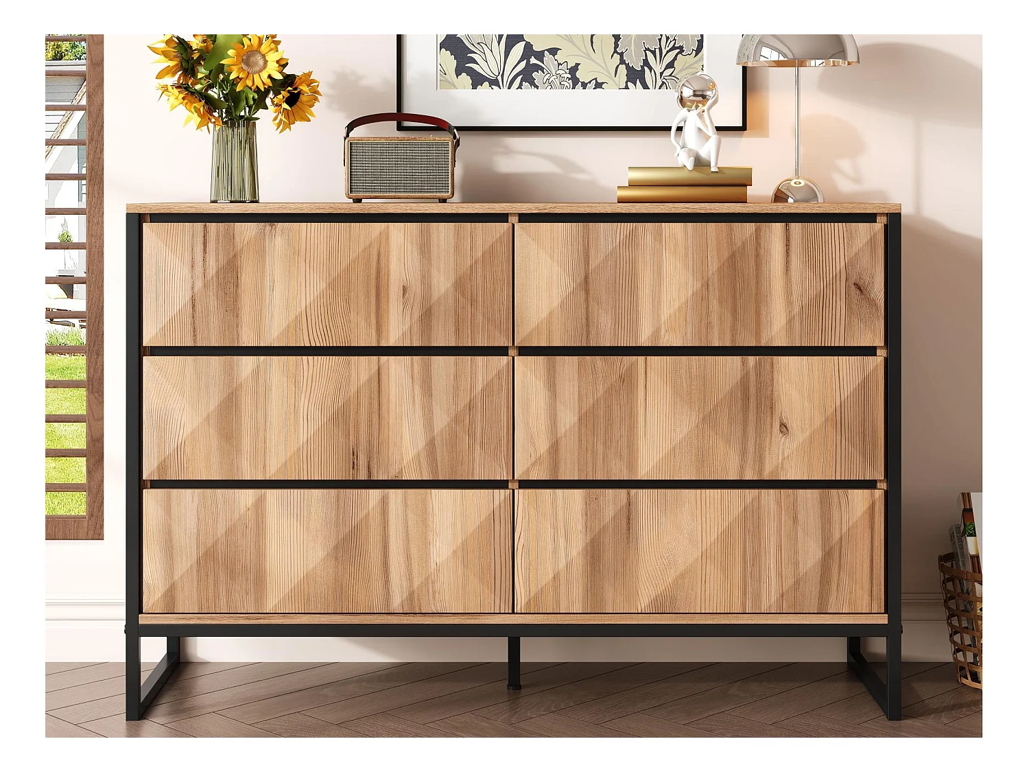 Buffet 120x40x80 cm - avec 6 tiroirs - Pieds en métal - MDF+Panneaux de particules - Naturel + Noir