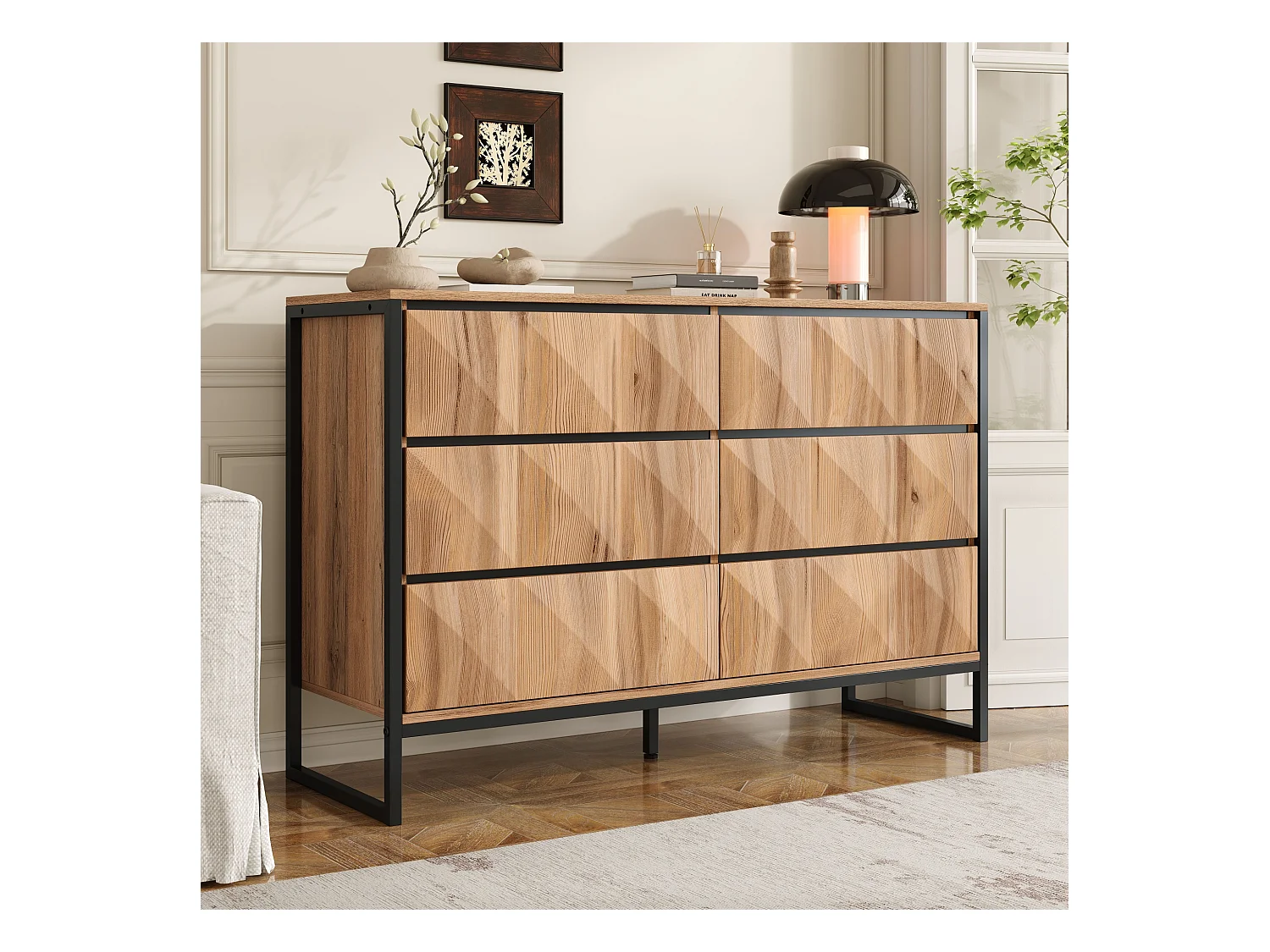 Buffet 120x40x80 cm - avec 6 tiroirs - Pieds en métal - MDF+Panneaux de particules - Naturel + Noir