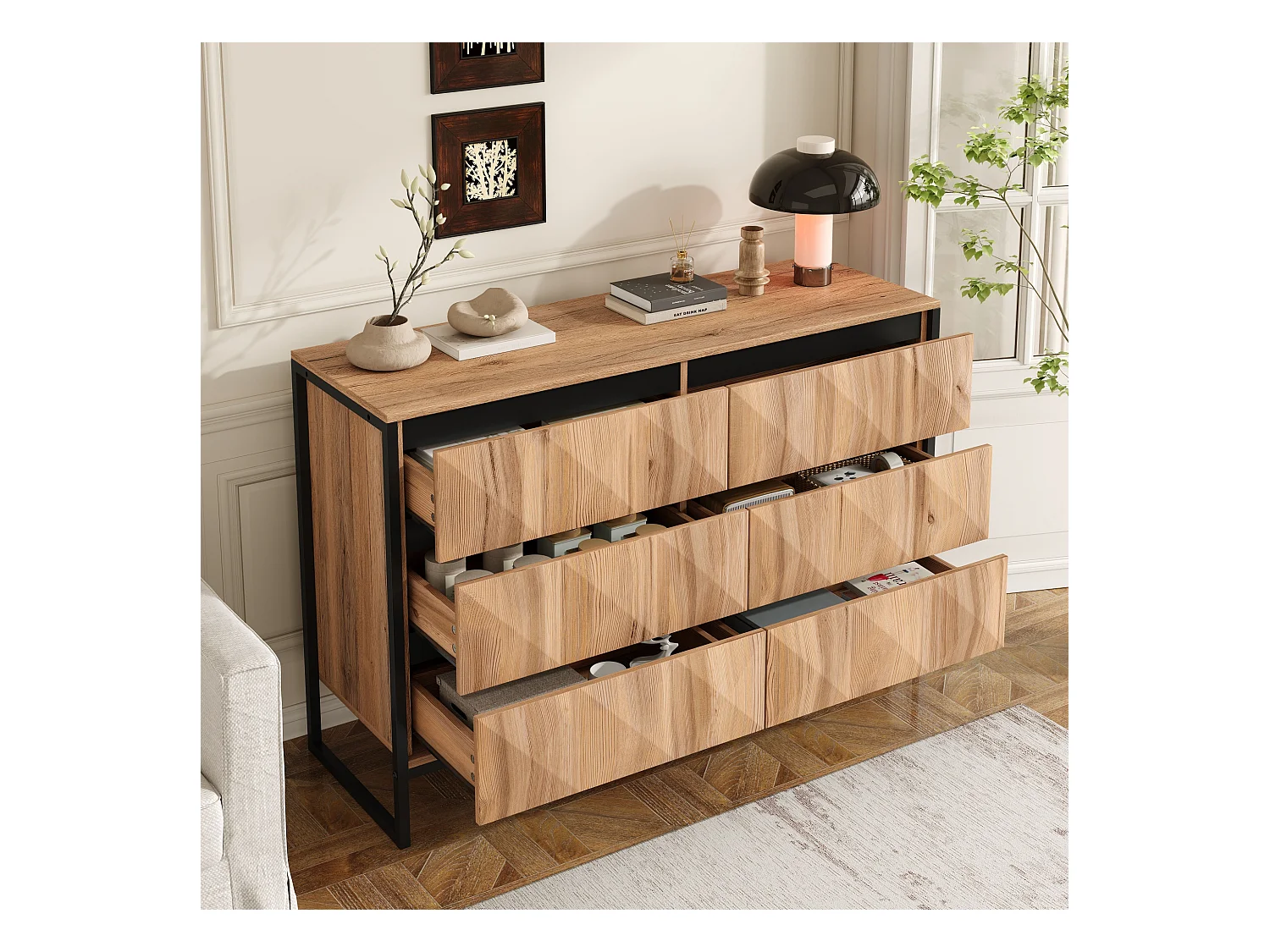 Buffet 120x40x80 cm - avec 6 tiroirs - Pieds en métal - MDF+Panneaux de particules - Naturel + Noir