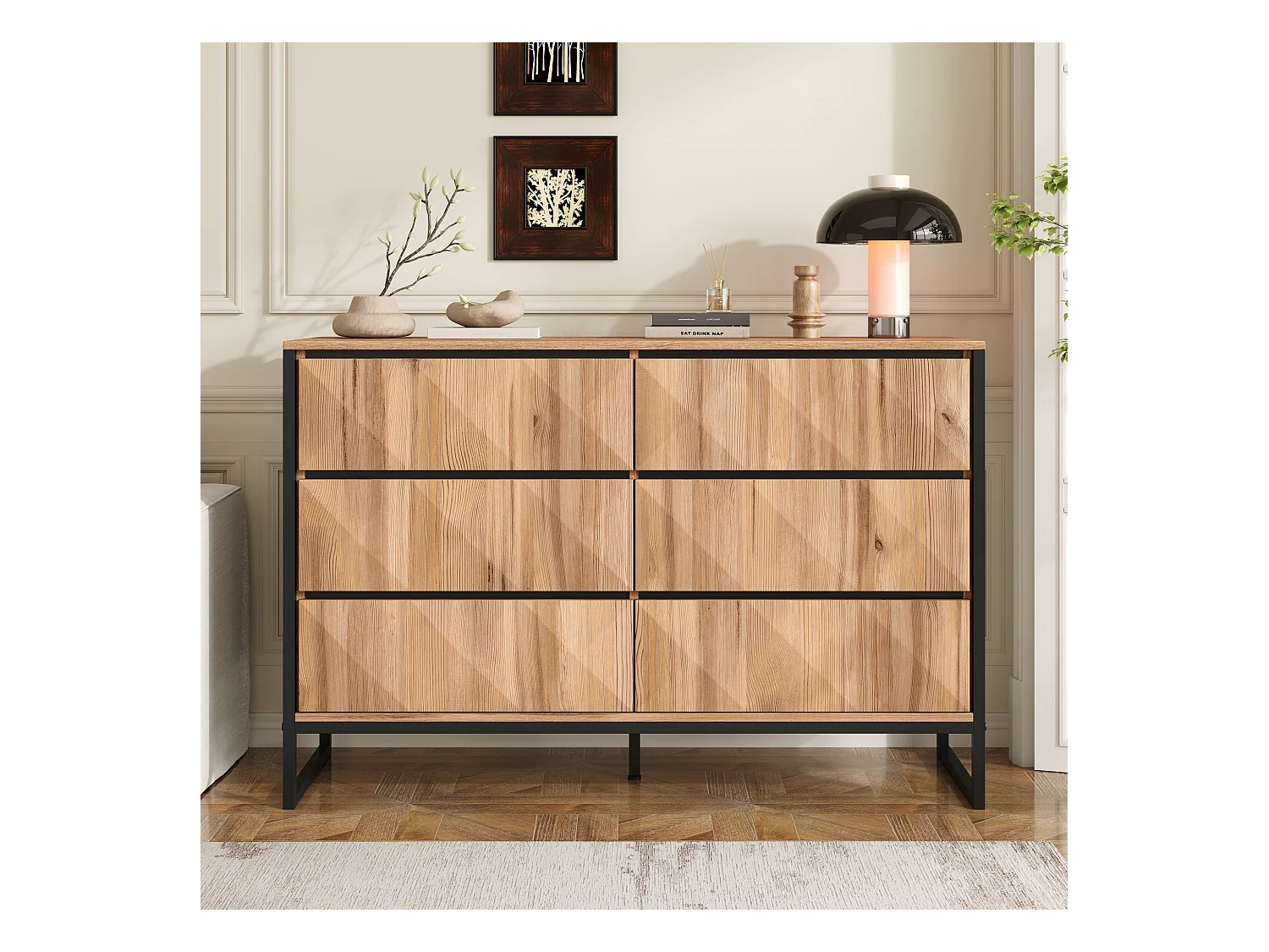 Buffet 120x40x80 cm - avec 6 tiroirs - Pieds en métal - MDF+Panneaux de particules - Naturel + Noir