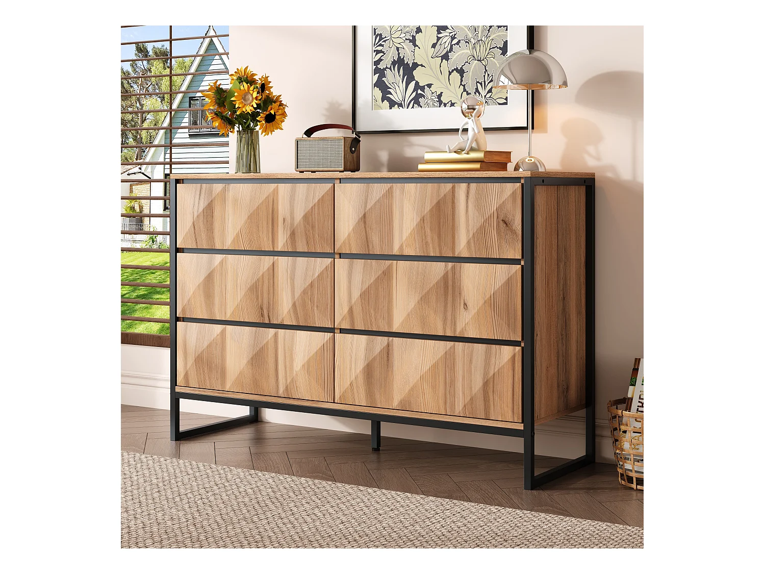 Buffet 120x40x80 cm - avec 6 tiroirs - Pieds en métal - MDF+Panneaux de particules - Naturel + Noir