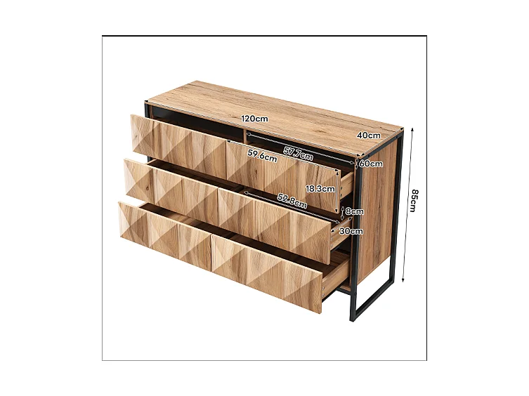 Buffet 120x40x80 cm - avec 6 tiroirs - Pieds en métal - MDF+Panneaux de particules - Naturel + Noir