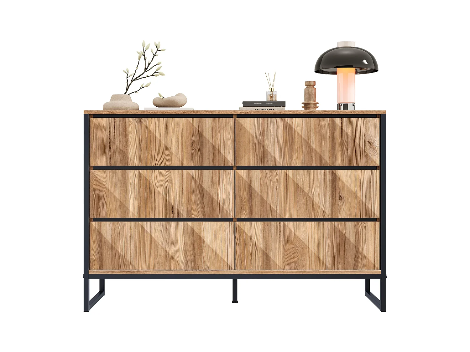 Buffet 120x40x80 cm - avec 6 tiroirs - Pieds en métal - MDF+Panneaux de particules - Naturel + Noir