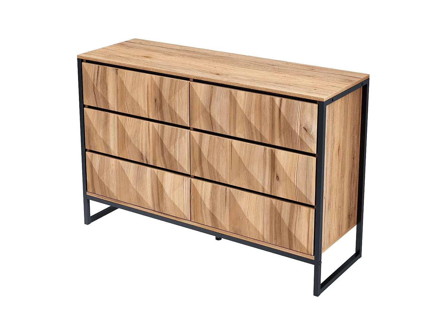 Buffet 120x40x80 cm - avec 6 tiroirs - Pieds en métal - MDF+Panneaux de particules - Naturel + Noir