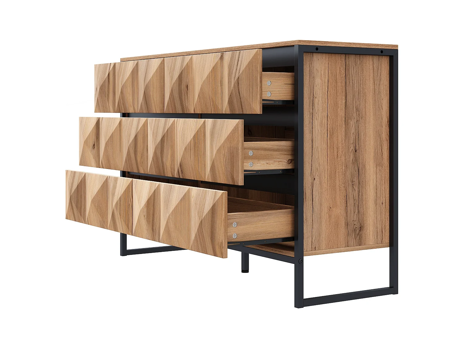 Buffet 120x40x80 cm - avec 6 tiroirs - Pieds en métal - MDF+Panneaux de particules - Naturel + Noir