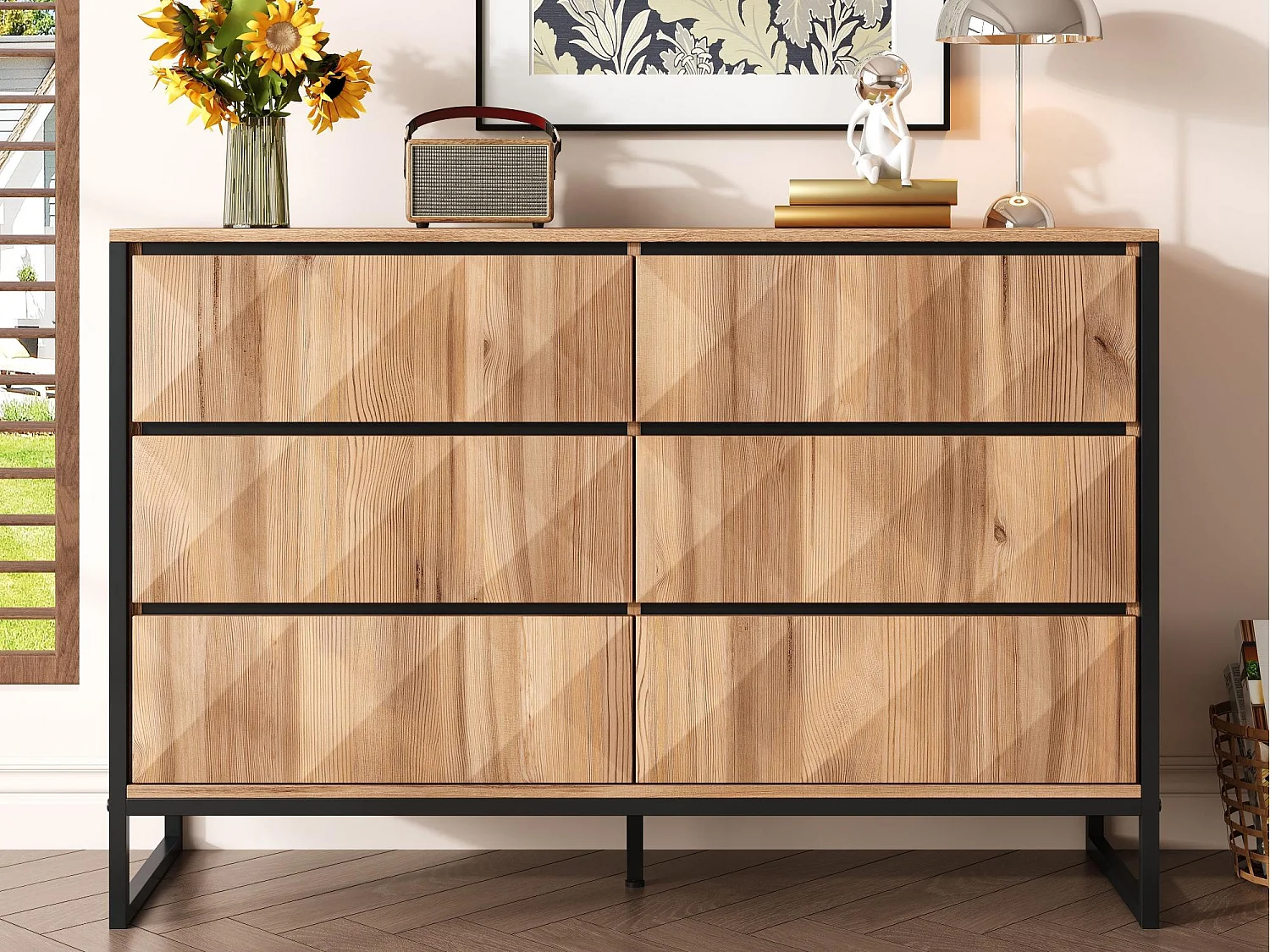 Buffet 120x40x80 cm - avec 6 tiroirs - Pieds en métal - MDF+Panneaux de particules - Naturel + Noir