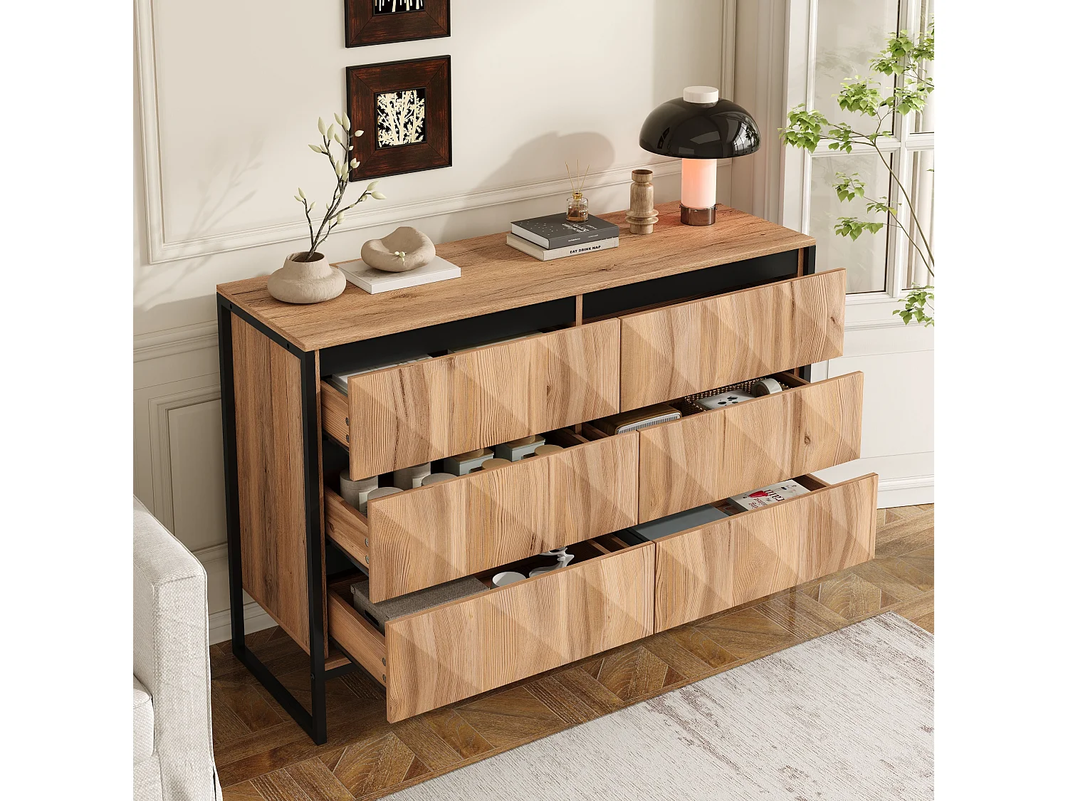 Buffet 120x40x80 cm - avec 6 tiroirs - Pieds en métal - MDF+Panneaux de particules - Naturel + Noir