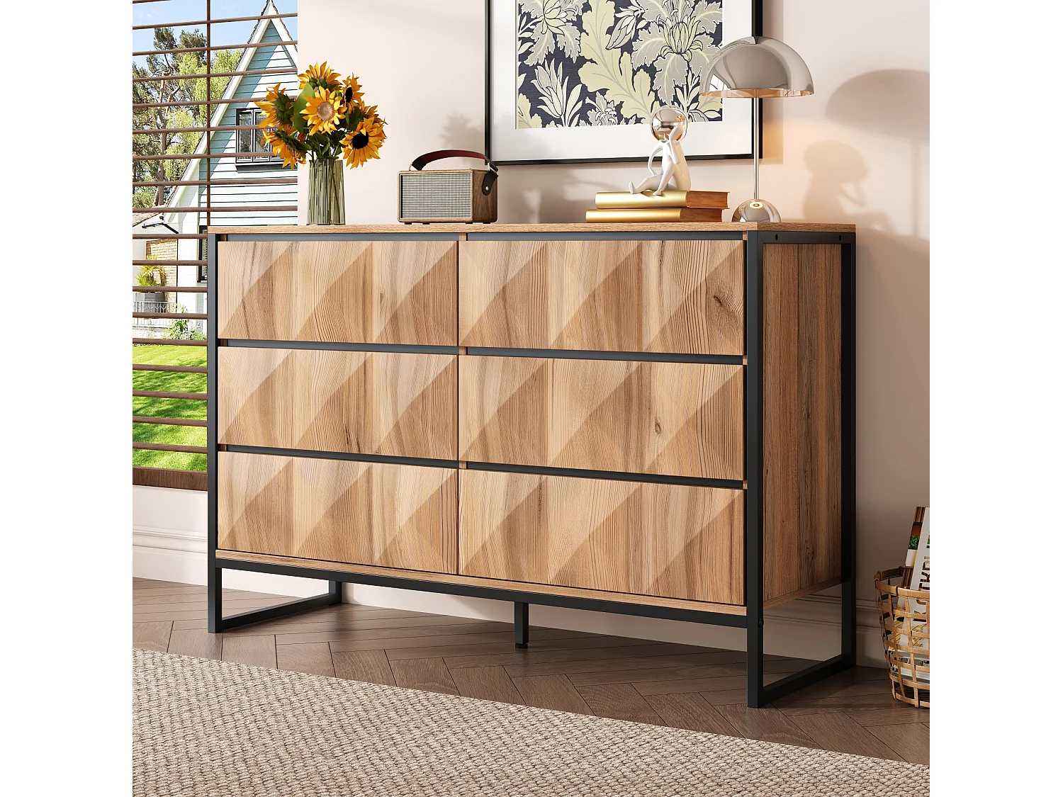 Buffet 120x40x80 cm - avec 6 tiroirs - Pieds en métal - MDF+Panneaux de particules - Naturel + Noir