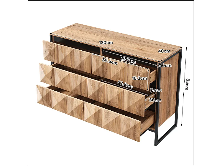 Buffet 120x40x80 cm - avec 6 tiroirs - Pieds en métal - MDF+Panneaux de particules - Naturel + Noir