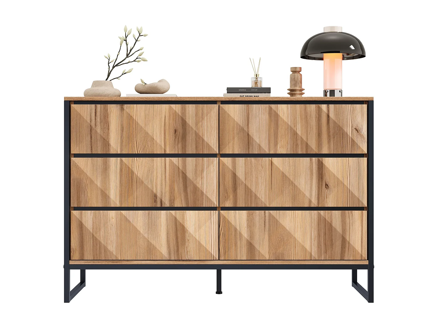 Buffet 120x40x80 cm - avec 6 tiroirs - Pieds en métal - MDF+Panneaux de particules - Naturel + Noir