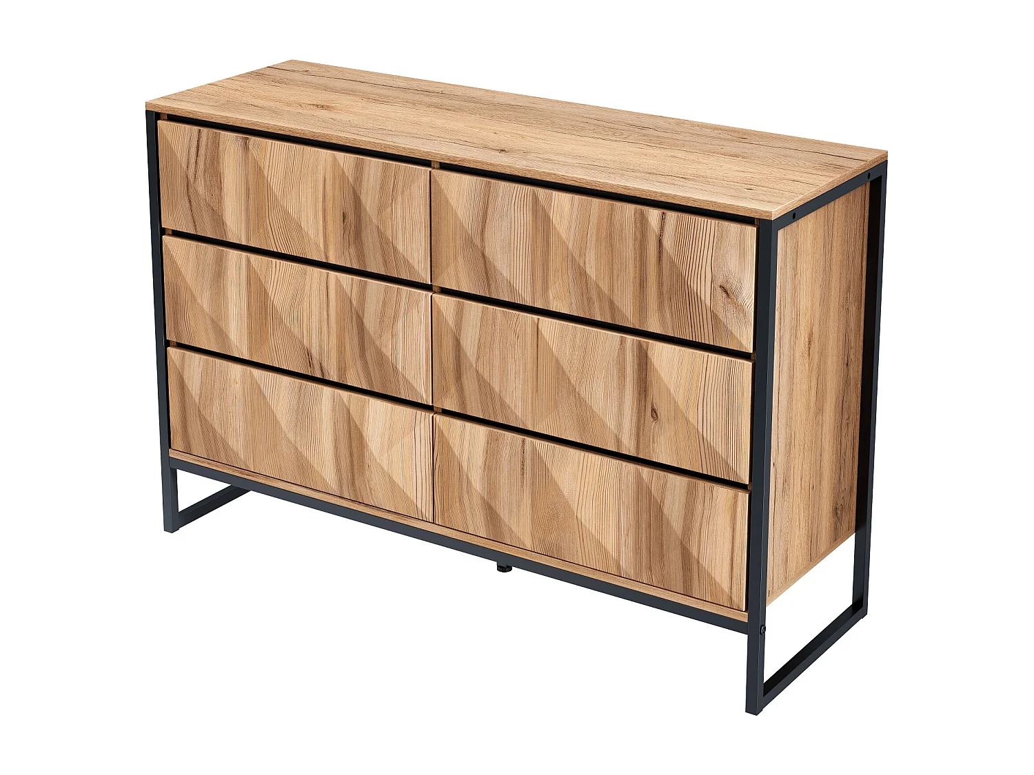 Buffet 120x40x80 cm - avec 6 tiroirs - Pieds en métal - MDF+Panneaux de particules - Naturel + Noir