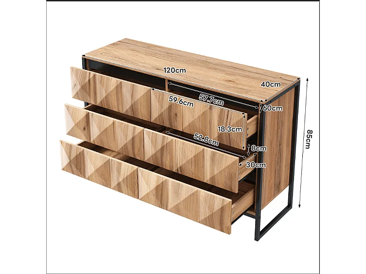Buffet 120x40x80 cm - met 6 lades - Metalen poten - MDF + Spaanplaat - Natuur + Zwart