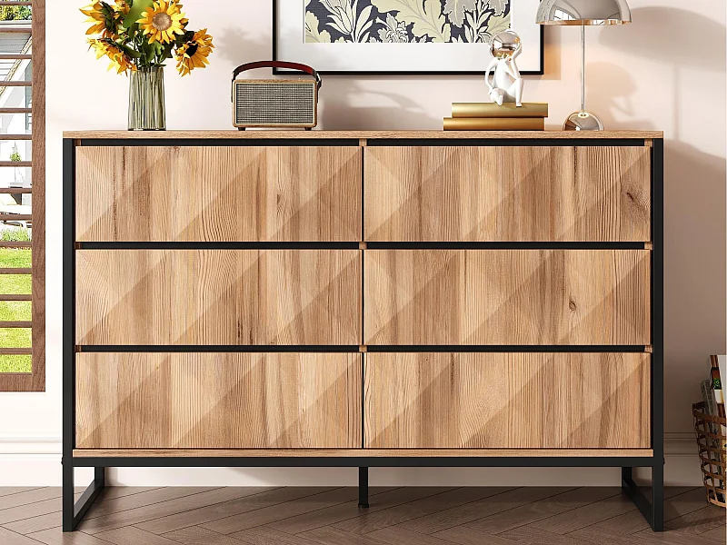 Buffet 120x40x80 cm - avec 6 tiroirs - Pieds en métal - MDF+Panneaux de particules - Naturel + Noir