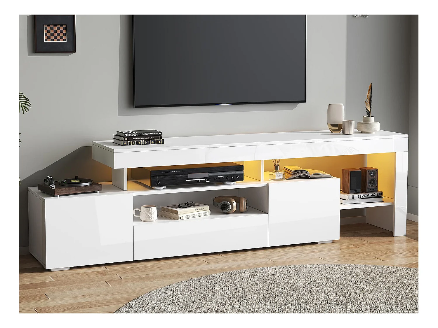 Meuble TV 192x37x53 cm - 3 portes abattantes - avec LED - Rangement semi-ouvert - Finition brillante - Blanc