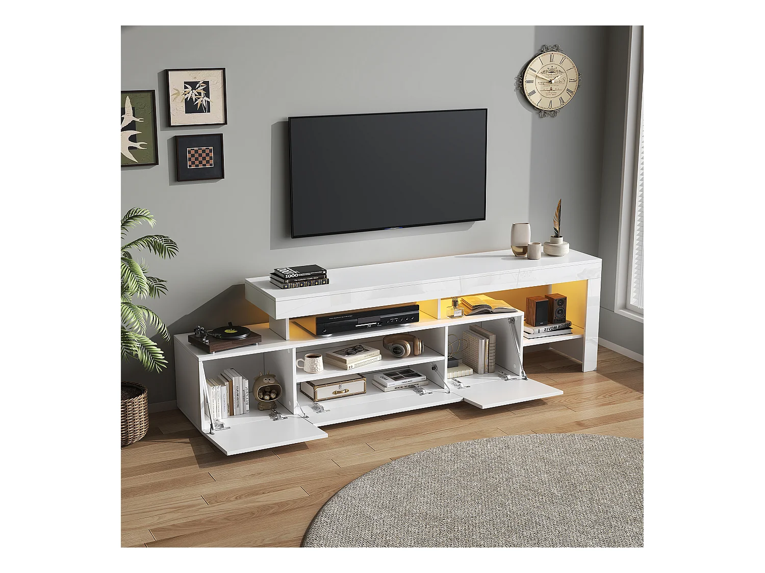 Meuble TV 192x37x53 cm - 3 portes abattantes - avec LED - Rangement semi-ouvert - Finition brillante - Blanc