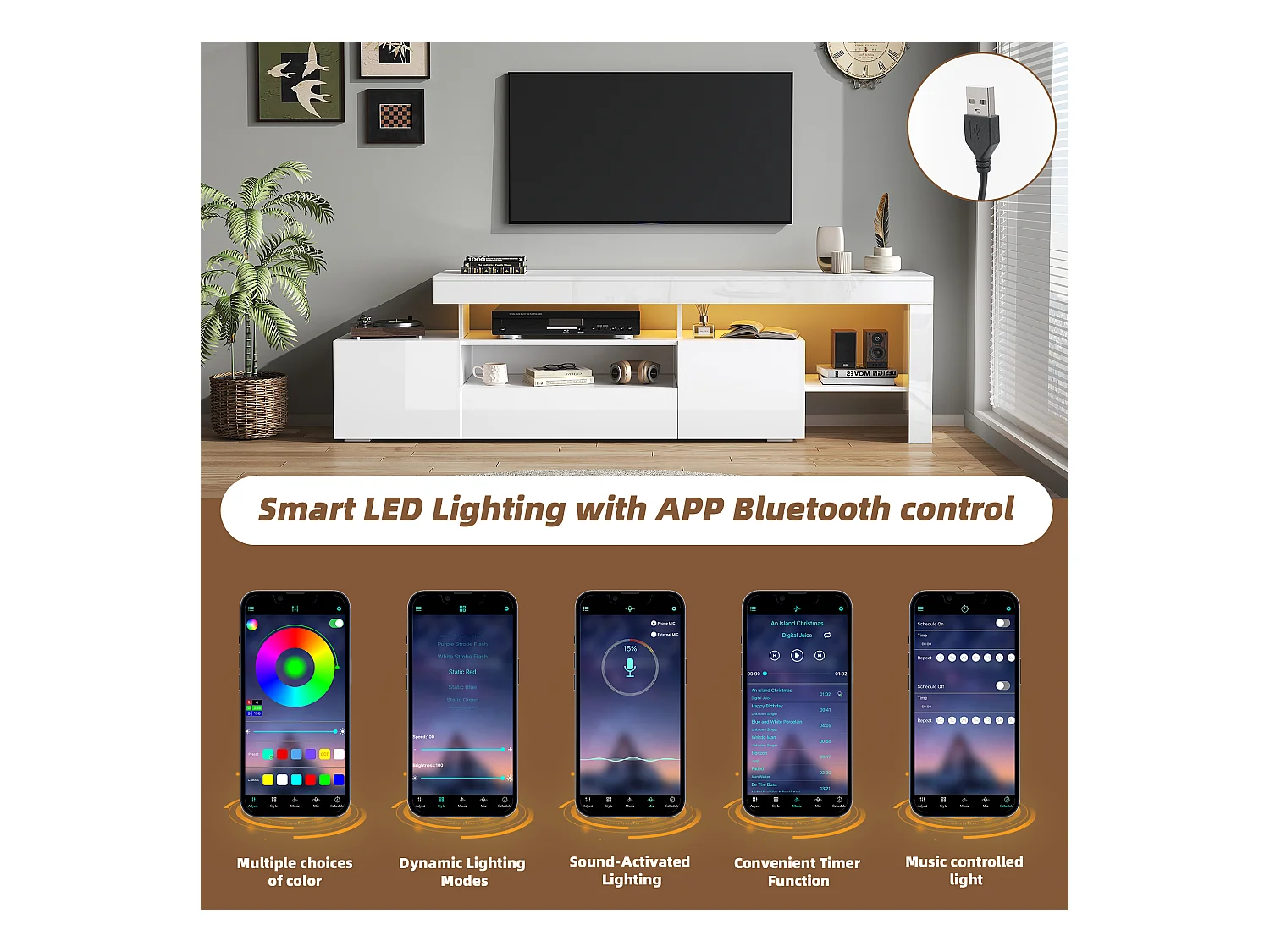 Meuble TV 192x37x53 cm - 3 portes abattantes - avec LED - Rangement semi-ouvert - Finition brillante - Blanc