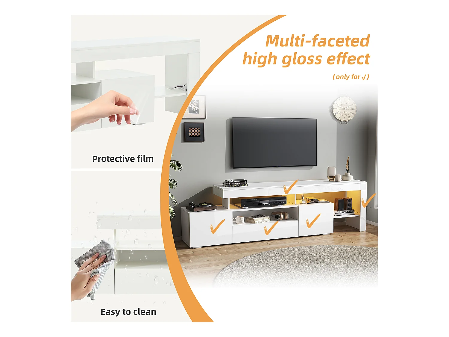 Meuble TV 192x37x53 cm - 3 portes abattantes - avec LED - Rangement semi-ouvert - Finition brillante - Blanc