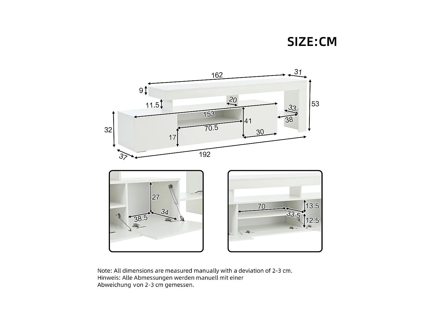 Meuble TV 192x37x53 cm - 3 portes abattantes - avec LED - Rangement semi-ouvert - Finition brillante - Blanc