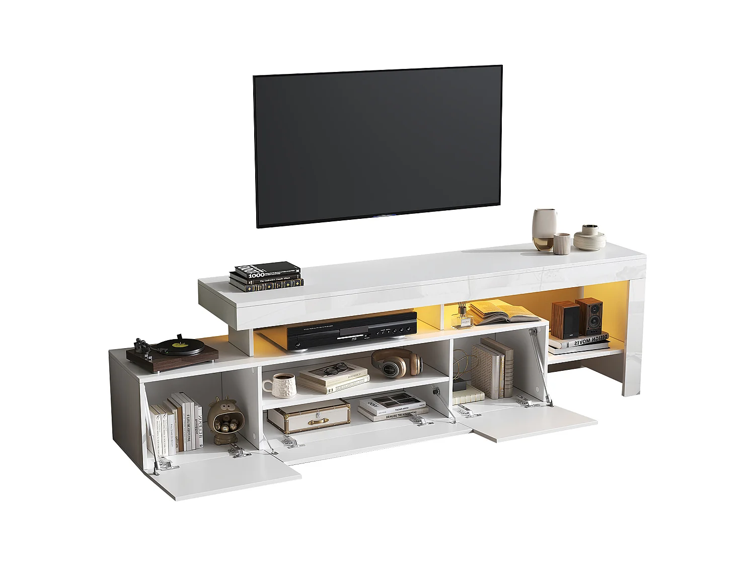 Meuble TV 192x37x53 cm - 3 portes abattantes - avec LED - Rangement semi-ouvert - Finition brillante - Blanc