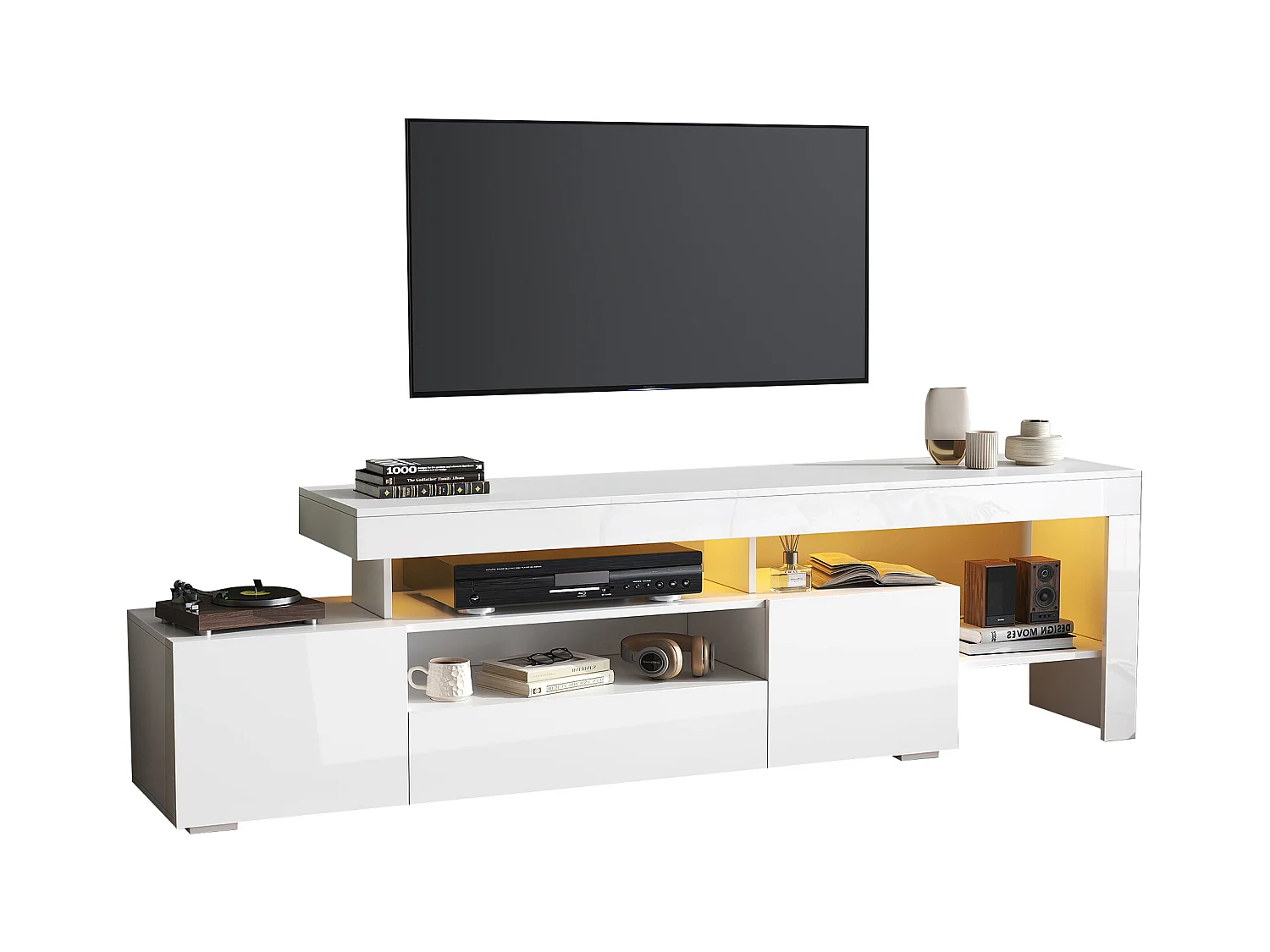 Meuble TV 192x37x53 cm - 3 portes abattantes - avec LED - Rangement semi-ouvert - Finition brillante - Blanc