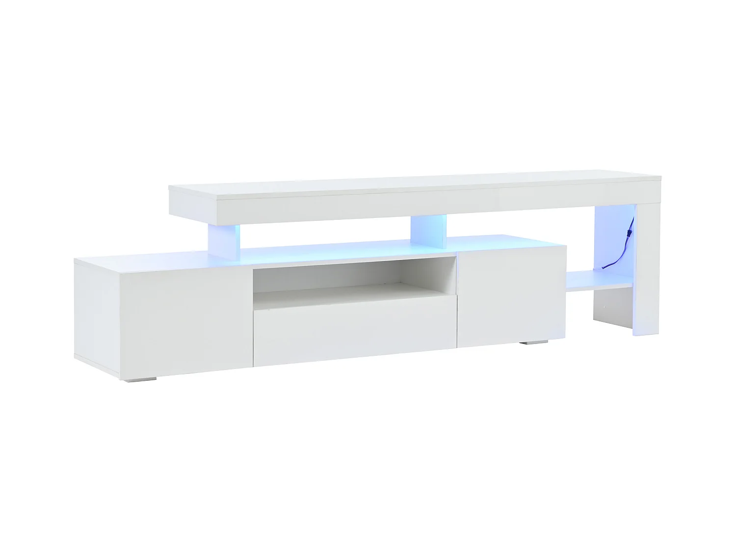 Meuble TV 192x37x53 cm - 3 portes abattantes - avec LED - Rangement semi-ouvert - Finition brillante - Blanc