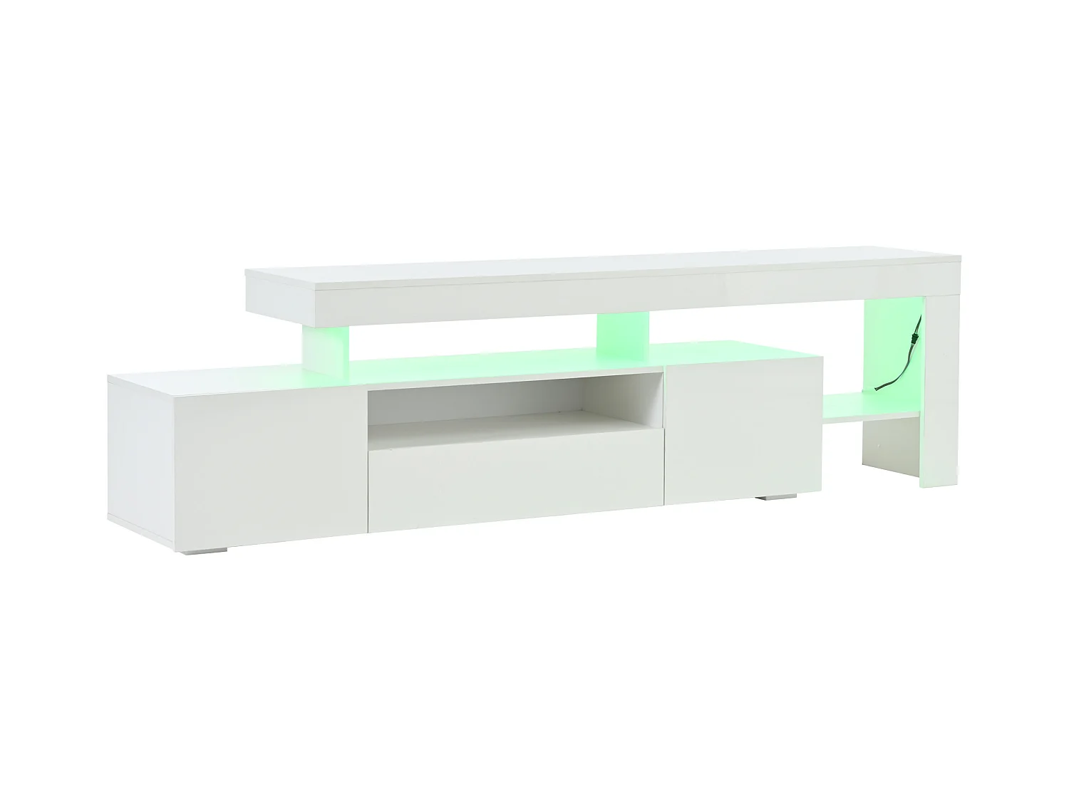 Meuble TV 192x37x53 cm - 3 portes abattantes - avec LED - Rangement semi-ouvert - Finition brillante - Blanc