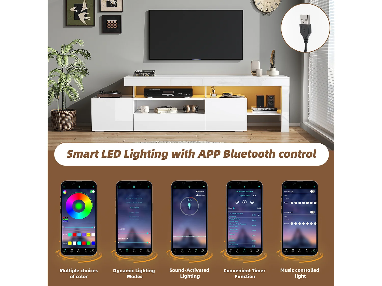 Meuble TV 192x37x53 cm - 3 portes abattantes - avec LED - Rangement semi-ouvert - Finition brillante - Blanc