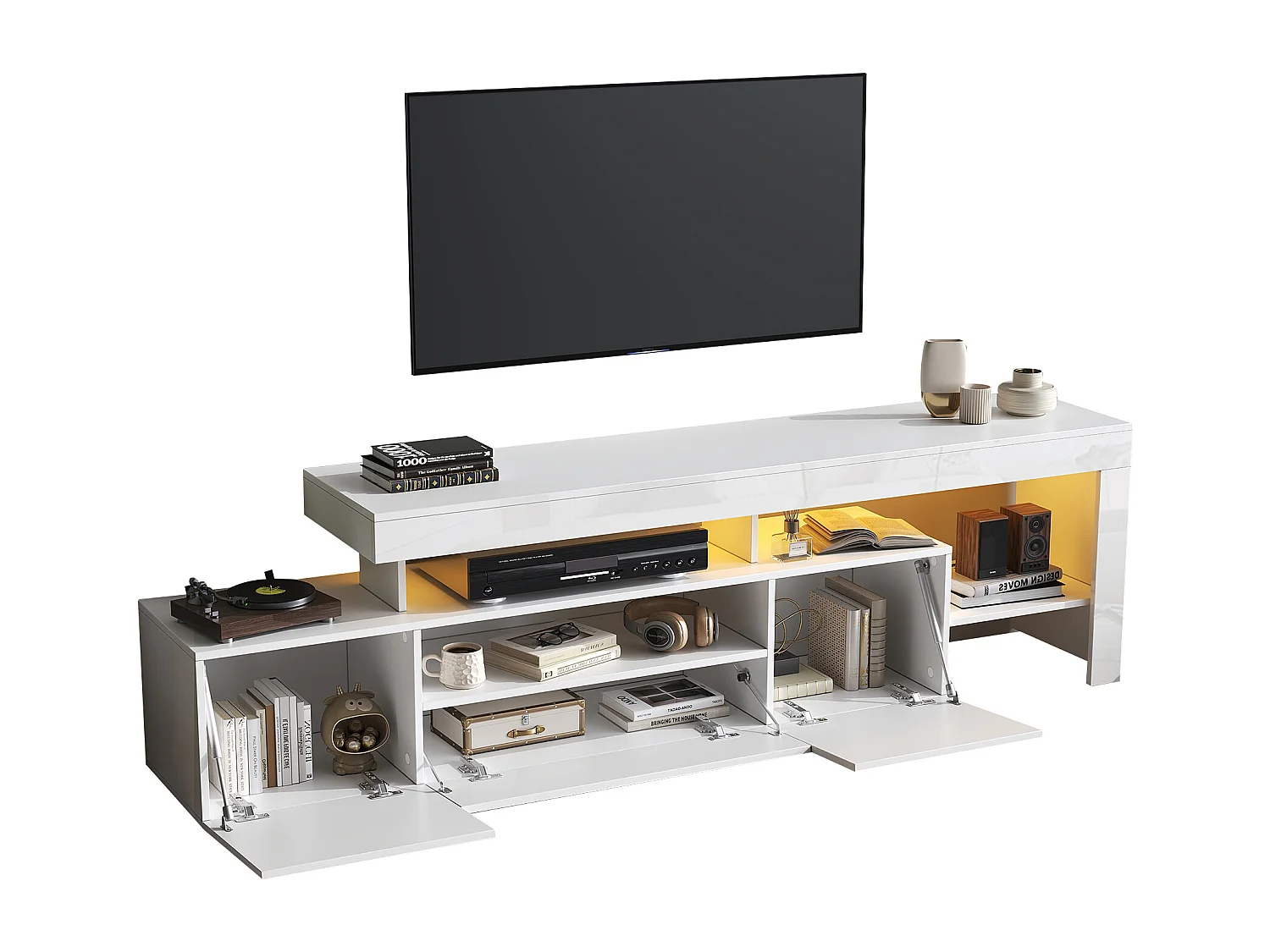 Meuble TV 192x37x53 cm - 3 portes abattantes - avec LED - Rangement semi-ouvert - Finition brillante - Blanc