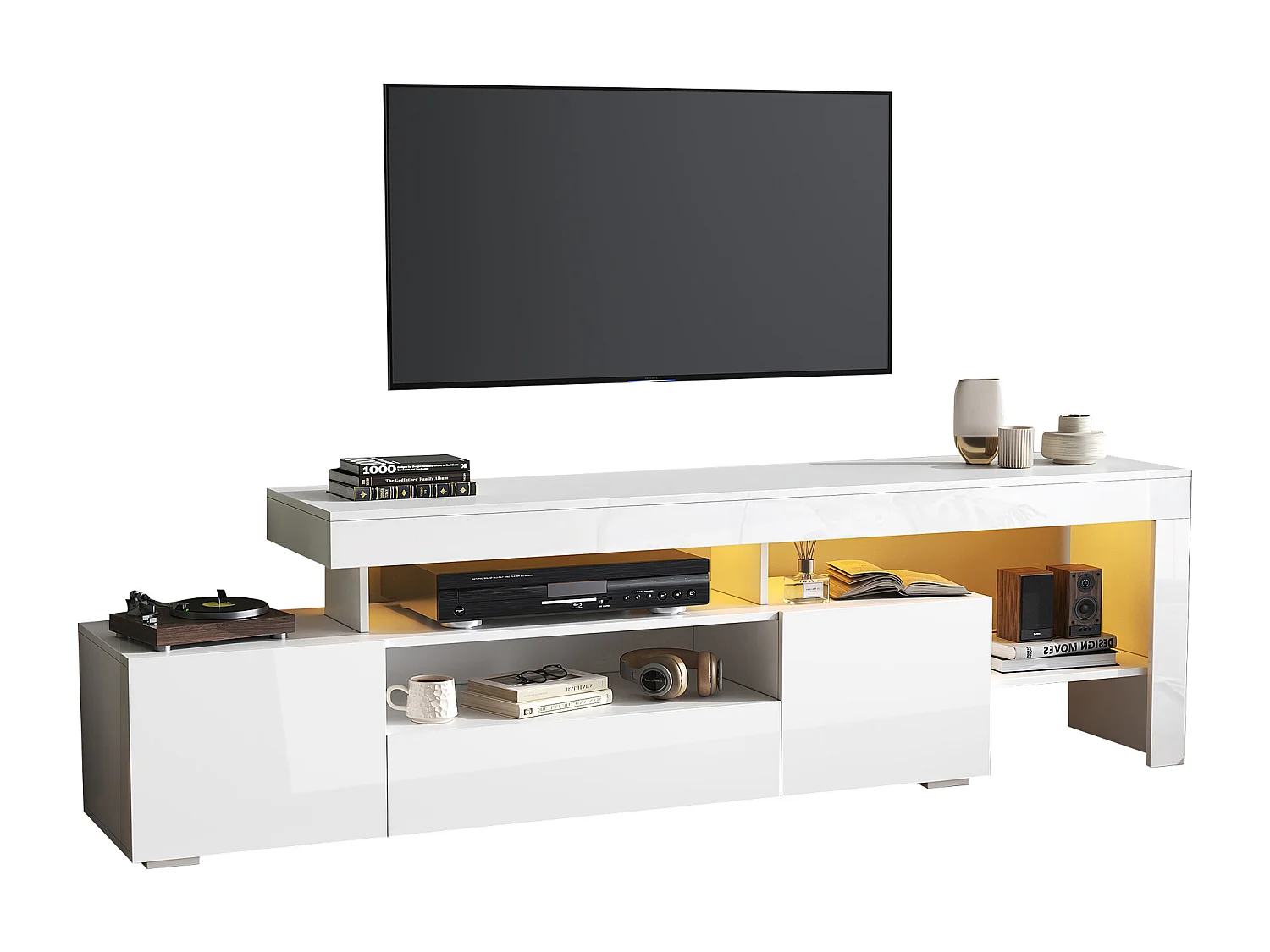 Meuble TV 192x37x53 cm - 3 portes abattantes - avec LED - Rangement semi-ouvert - Finition brillante - Blanc