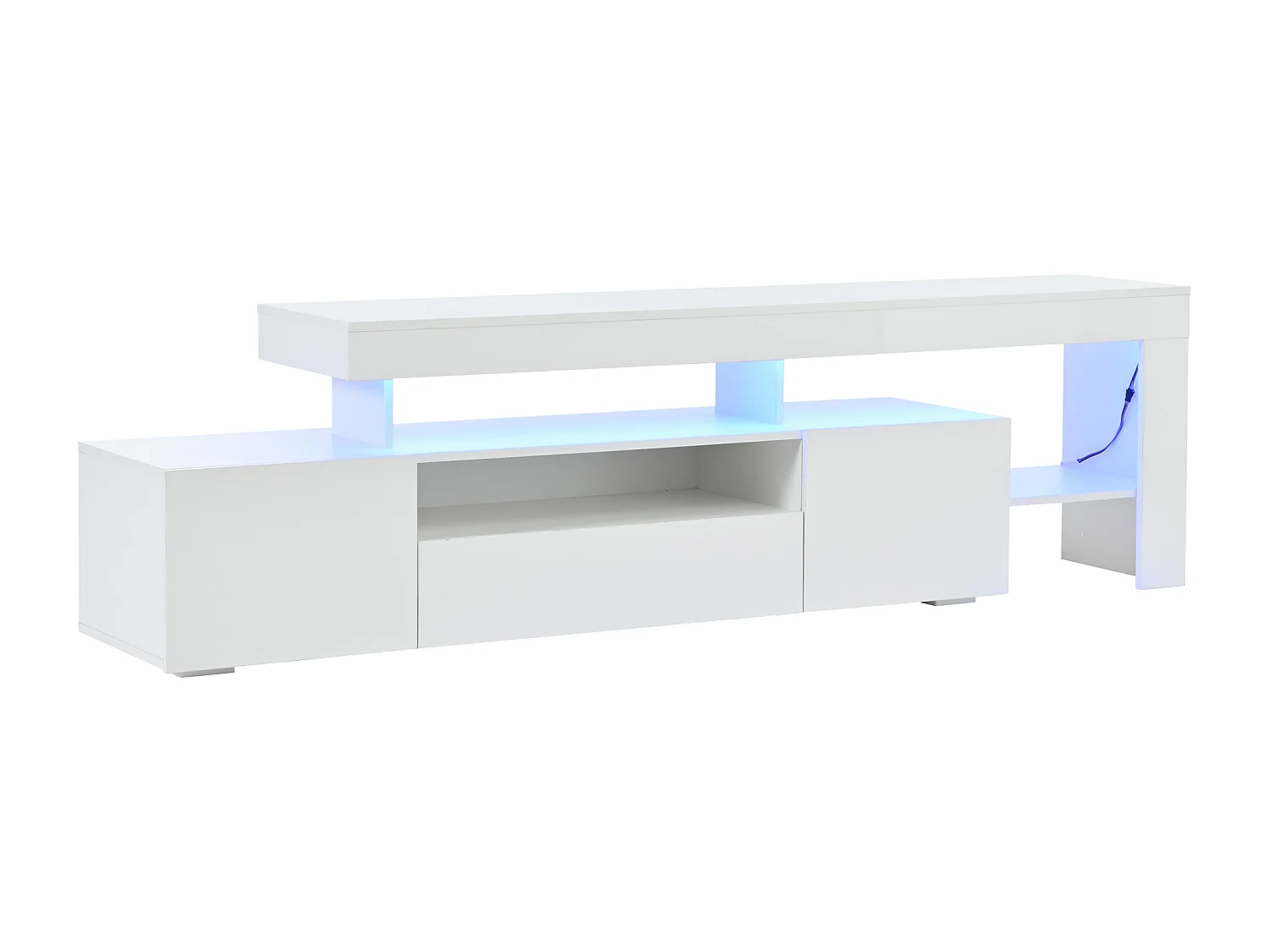 Meuble TV 192x37x53 cm - 3 portes abattantes - avec LED - Rangement semi-ouvert - Finition brillante - Blanc