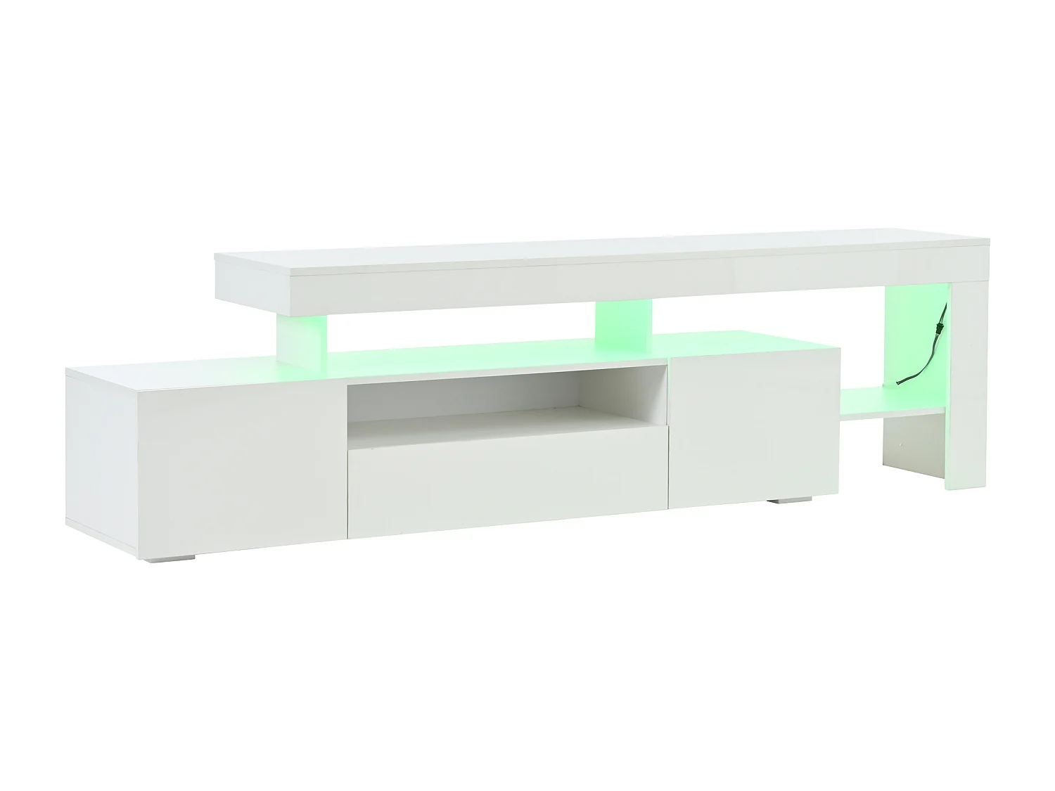 Meuble TV 192x37x53 cm - 3 portes abattantes - avec LED - Rangement semi-ouvert - Finition brillante - Blanc