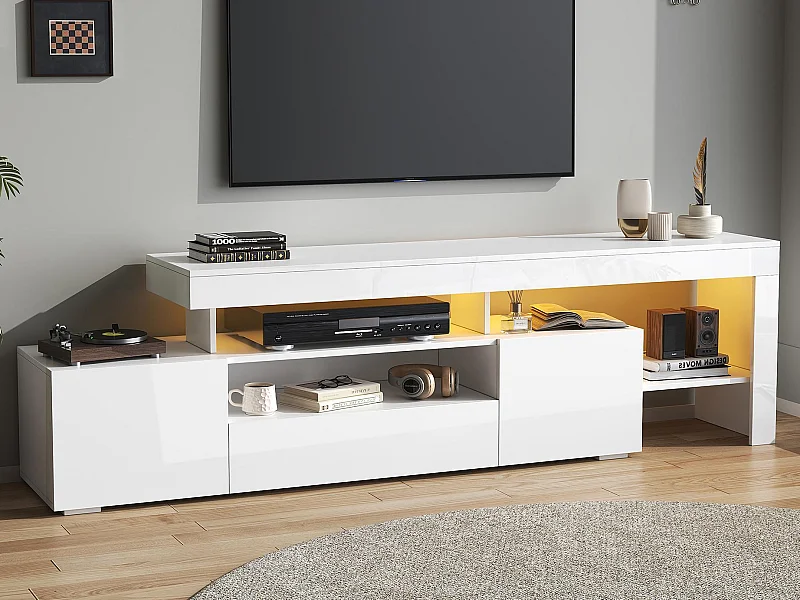 TV-meubel 192x37x53 cm - 3 valluiken - met LED - Halfopen opbergruimte - Glanzende afwerking - Wit