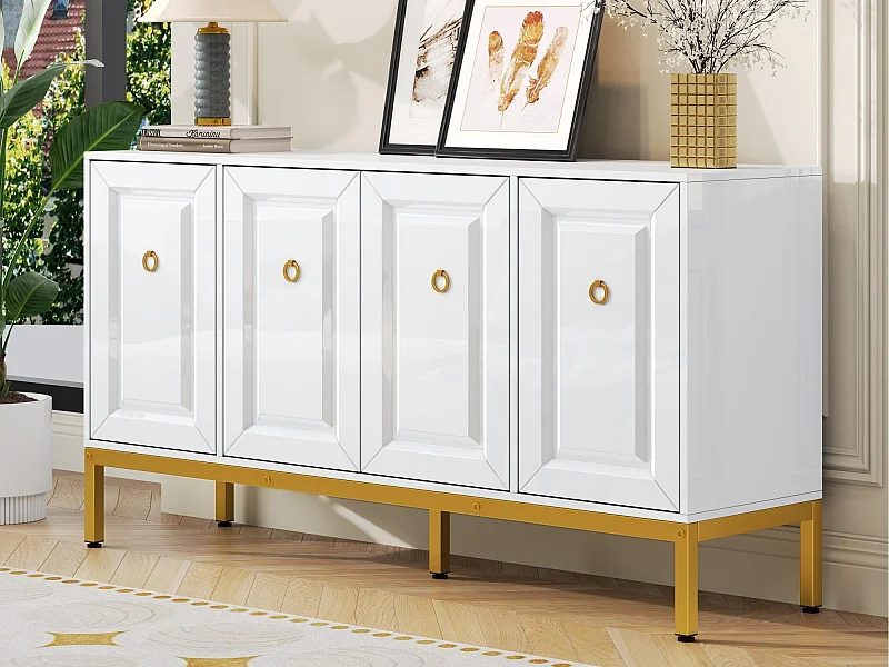 Buffet 140x40x80cm - 4 portes - avec étagères réglables - Blanc + Or