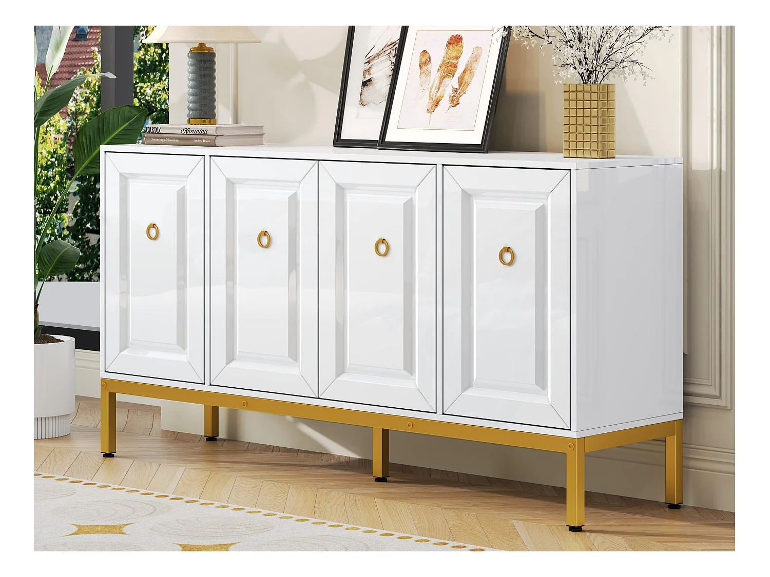 Buffet 140x40x80cm - 4 portes - avec étagères réglables - Blanc + Or