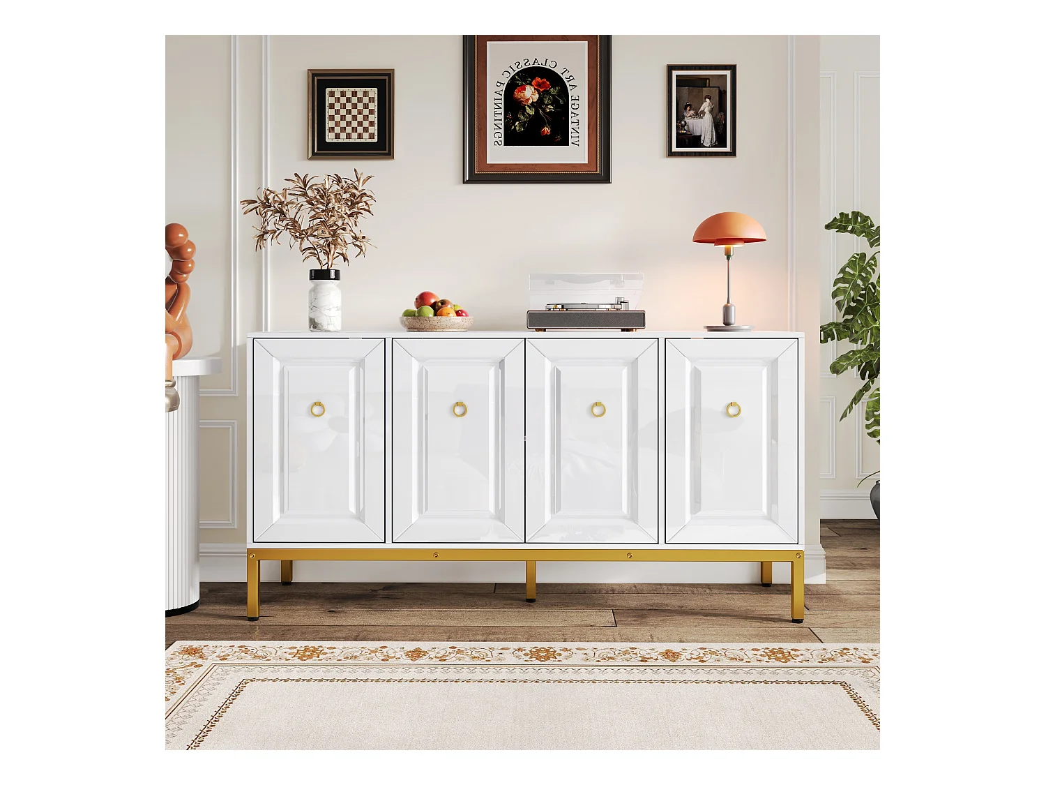 Buffet 140x40x80cm - 4 portes - avec étagères réglables - Blanc + Or