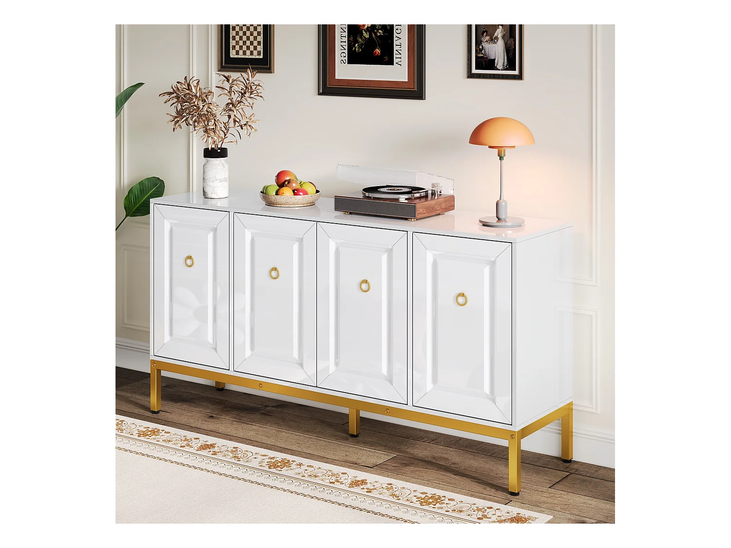 Buffet 140x40x80cm - 4 portes - avec étagères réglables - Blanc + Or