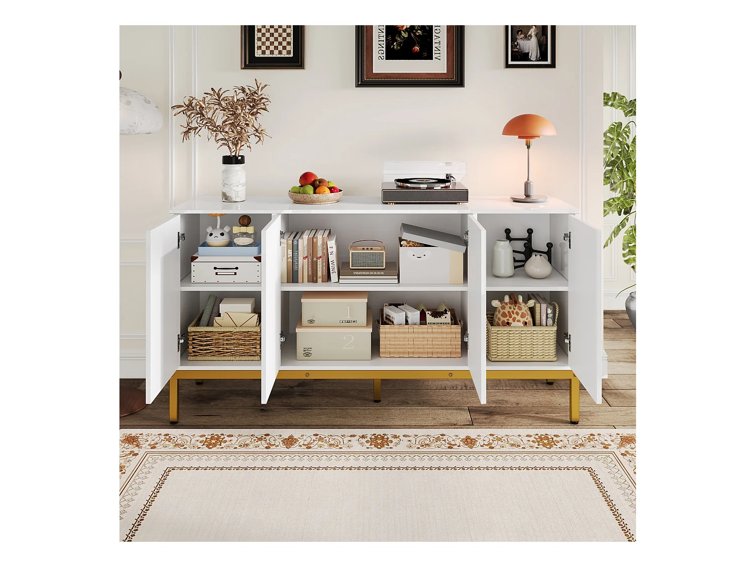 Buffet 140x40x80cm - 4 portes - avec étagères réglables - Blanc + Or