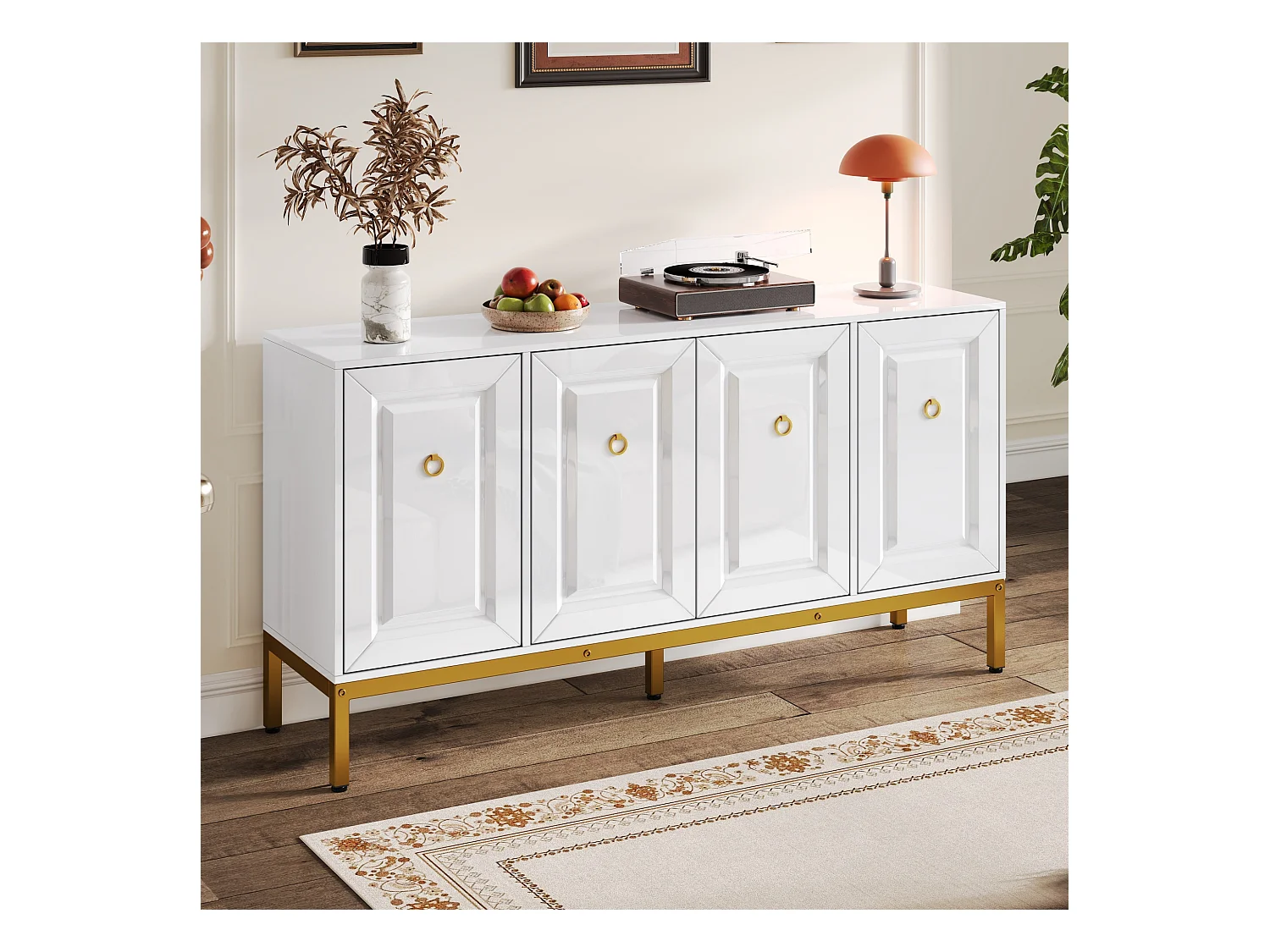 Buffet 140x40x80cm - 4 portes - avec étagères réglables - Blanc + Or