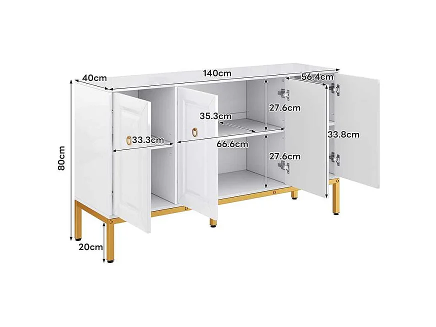 Buffet 140x40x80cm - 4 portes - avec étagères réglables - Blanc + Or