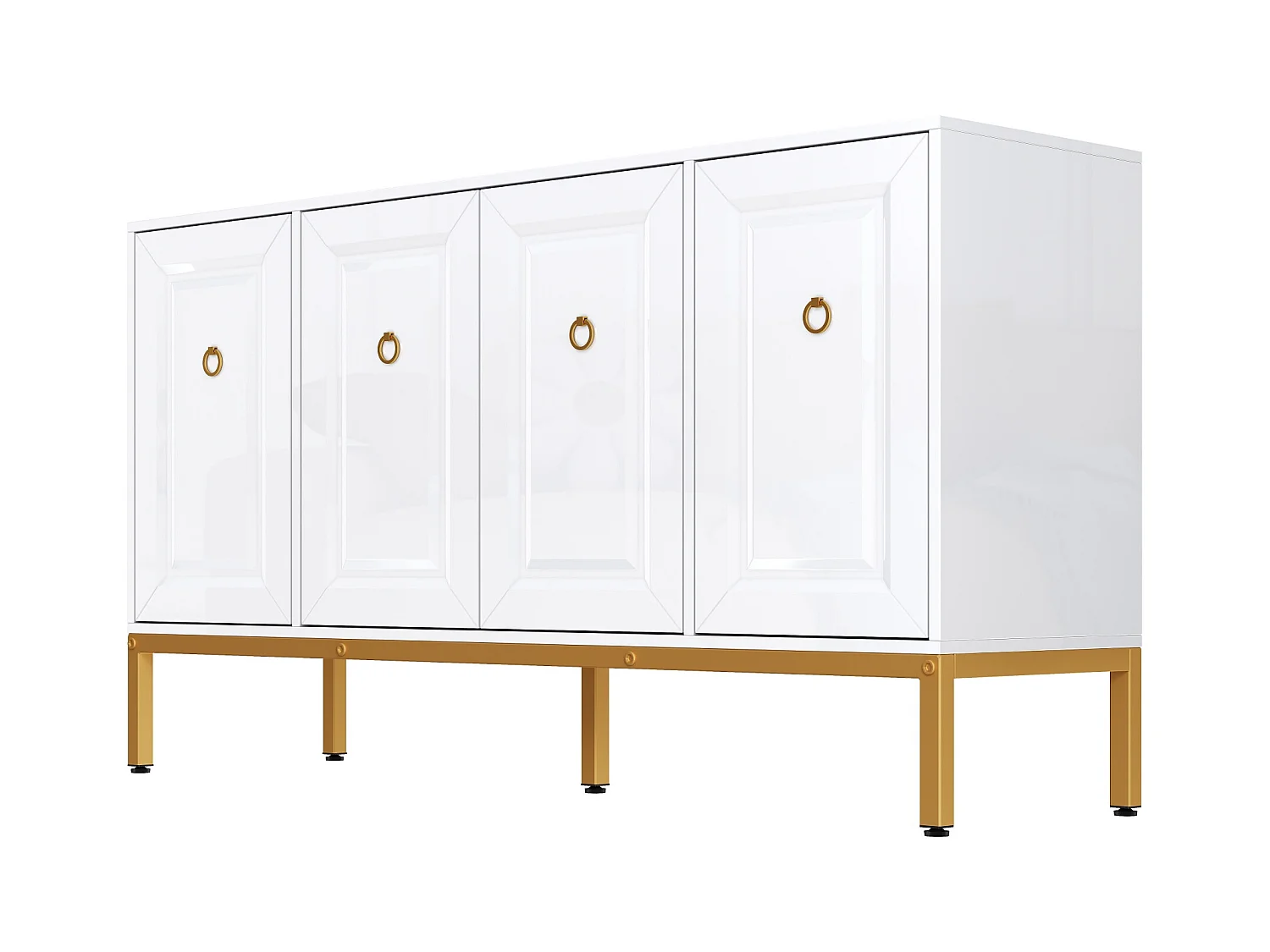 Buffet 140x40x80cm - 4 portes - avec étagères réglables - Blanc + Or