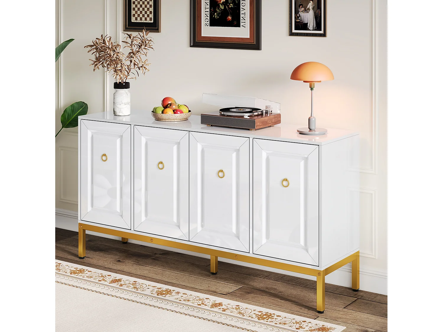 Buffet 140x40x80cm - 4 Türen - mit verstellbaren Regalen - Weiß + Gold