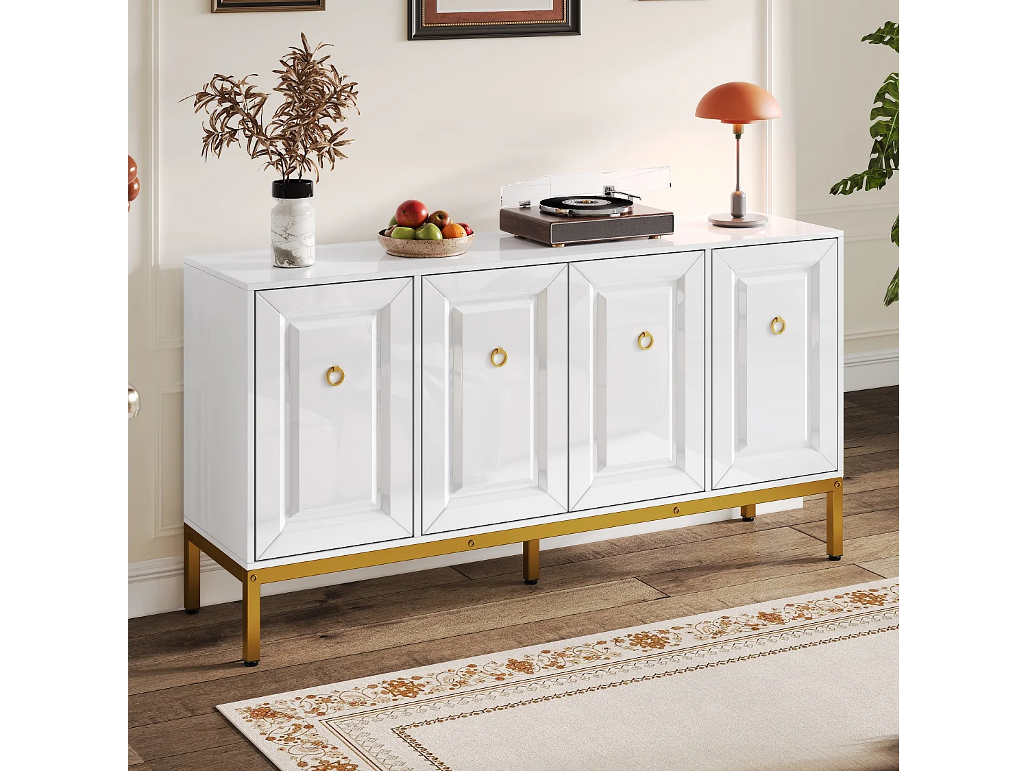 Buffet 140x40x80cm - 4 Türen - mit verstellbaren Regalen - Weiß + Gold